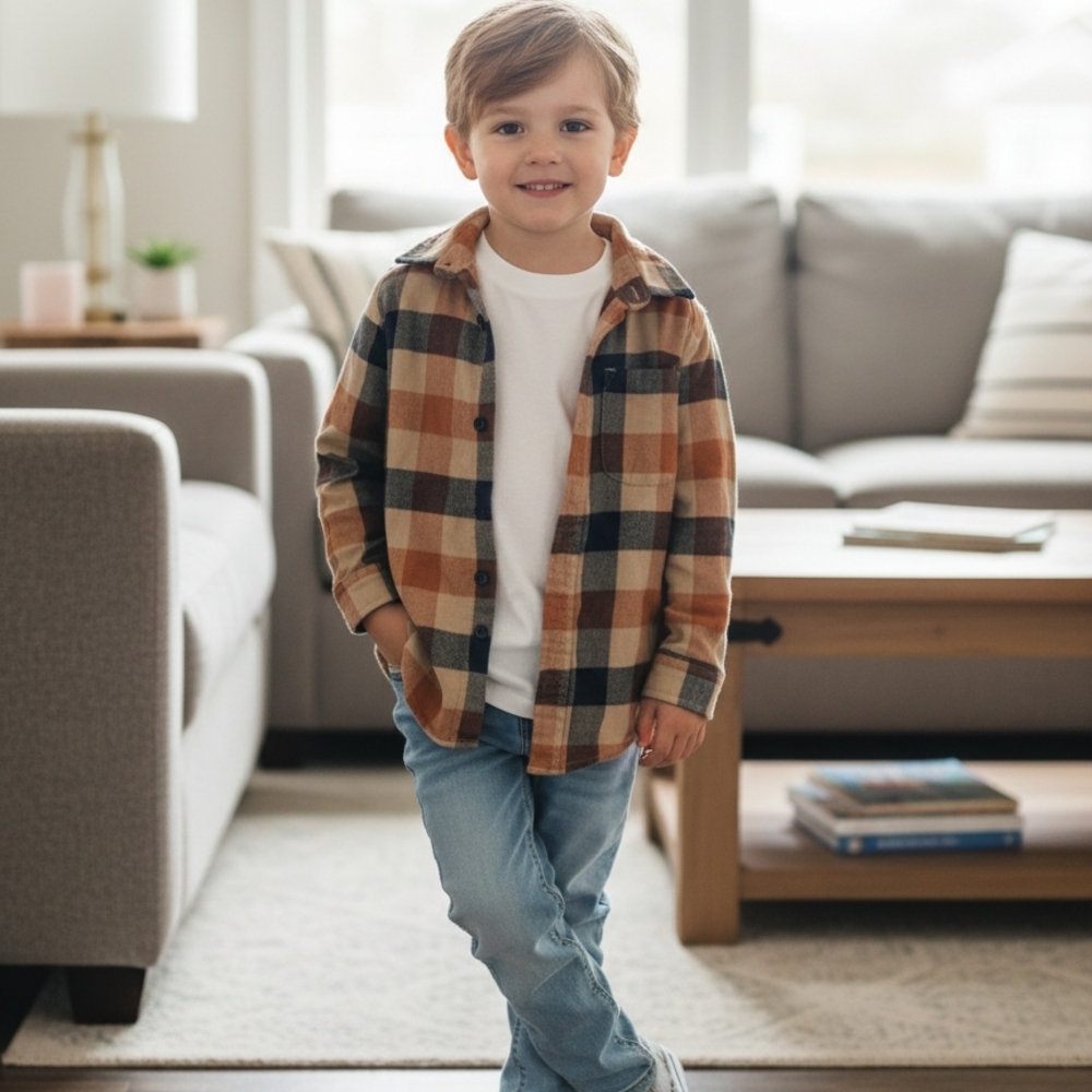 Cat & Jack Brown Plaid Button Down Shirt with White Tee